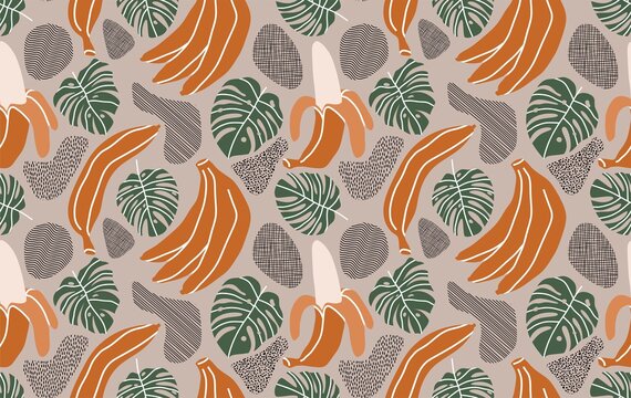 Seamless yellow banana pattern design, hand drawn banana pattern template vector. vector illustration