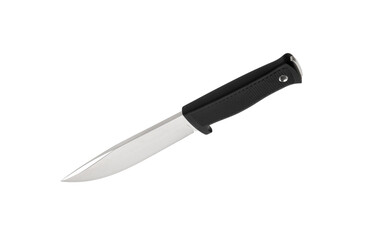 Modern hunting knife with silver blade and rubber handle. Steel arms. Isolate on a white back