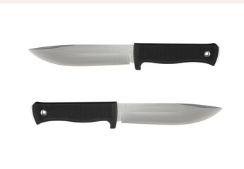 Modern hunting knife with silver blade and rubber handle. Steel arms. Isolate on a white back