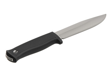 Modern hunting knife with silver blade and rubber handle. Steel arms. Isolate on a white back