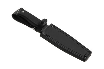 Modern hunting knife with silver blade and rubber handle. Steel arms. Isolate on a white back