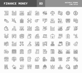 Finance and Money icons set. Line set of vector icons editable stroke and pixel perfect. Can used for digital product, presentation, UI and many more.