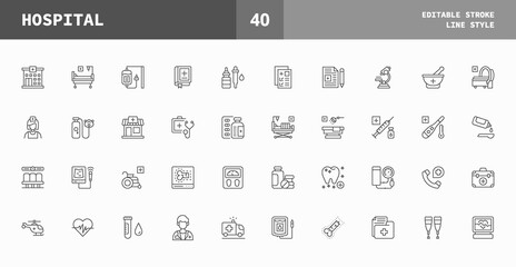 Hospital icons set. Line set of vector icons editable stroke and pixel perfect. Can used for digital product, presentation, UI and many more.