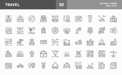 Travel icons set. Line set of vector icons editable stroke and pixel perfect. Can used for digital product, presentation, UI and many more.