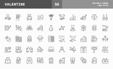 Valentine icons set. Line set of vector icons editable stroke and pixel perfect. Can used for digital product, presentation, UI and many more.