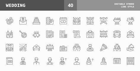 Wedding icons set. Line set of vector icons editable stroke and pixel perfect. Can used for digital product, presentation, UI and many more.