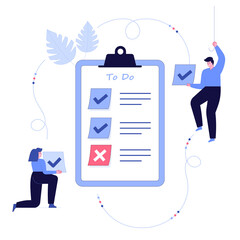 People feel in check boxes in to do list. Project task management IT concept. Software development process and project management activities. Vector illustration on white background