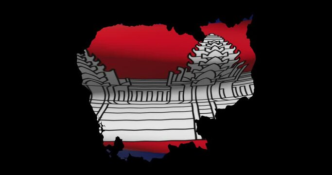 Cambodia national flag on map outline, waving animation. 4K alpha channel graphic footage of country shape
