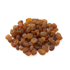 a pile of light raisins lies isolated on a white background