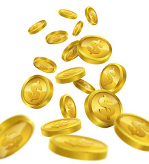 Gold coin money dollar explosion falling isolated on white background.