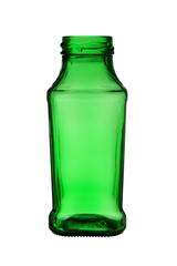 An empty bottle with a wide neck of a square shape made of transparent, green glass. Isolated on a white background, close-up
