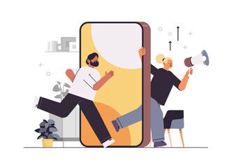 mix race people shouting in loudspeaker on smartphone screen announcement digital marketing concept