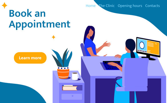 A Female Patient Is Having An Appointment With The Doctor In The Clinic. The Patient Is Sitting Near The Doctor’s Desk And Talking To The Doctor.  Vector Flat Illustration.