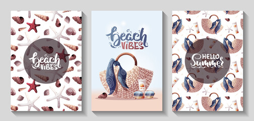 Set of summer cards. Rattan bag, seashells, sunscreen, sunglasses. Beach Holidays, Summer vacation, Leisure, Recreation concept. A4 Vector Illustrations. Postcard, cover, poster.