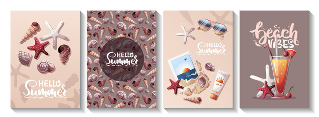 Set of summer cards. Seashells, sunscreen, sea beach photography, cocktail. Beach Holidays, Summer vacation, Leisure, Recreation concept. A4 Vector Illustrations. Postcard, cover, poster.