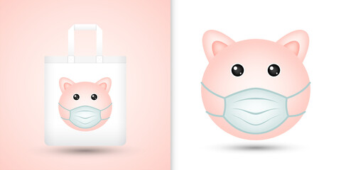 Pig head on white tote bag