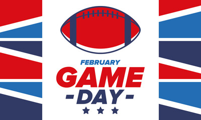 Game Day. American football playoff. Super Bowl Party in United States. Final game of regular season. Professional team championship. Ball for american football. Sport poster. Vector illustration
