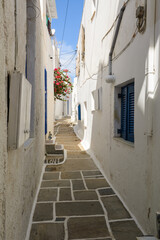 A street in the old town of Chora, the capital of Ios Island. Traditional Cycladic architecture....
