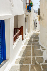 A street in the old town of Chora, the capital of Ios Island. Traditional Cycladic architecture. Greece