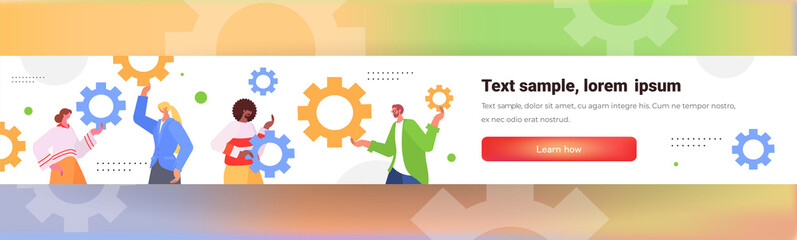 mix race businesspeople holding colorful cogwheels business process successful project creation concept