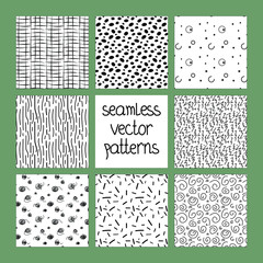 Set of hand drawn textured seamless patterns. Simple "noise" for background. Vector illustration.