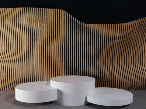 Product stand, pedestal, minimalist style. Product presentation scene with wooden background. 3D rendering.