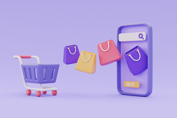Online shopping store on smartphone with shopping cart and bags on purple background, 3d rendering.