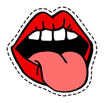 Red lips and tongue stick out, sticker or icon