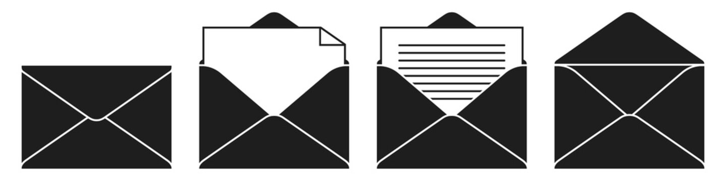 Black envelope icon vector set. Mail, e-mail, letter, or document icons isolated on a white background.