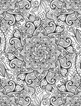 Ornamental mandala adult coloring book page. Zentangle style coloring page. Arabic, Indian ornament line art.