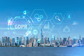 New York City skyline from New Jersey over the Hudson River towards Midtown Manhattan at day time. GDPR hologram, concept of data protection, regulation and privacy for all individuals