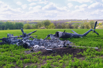 Kharkiv, Ukraine - May 15, 2022: The wreckage of the destroyed helicopter of the Russian Russian occupiers in Kharkiv and Kharkiv region. War in Ukraine