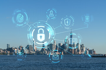 New York City skyline of Financial Downtown over the Hudson River waterfront, skyscrapers at day . Manhattan, USA. The concept of cyber security to protect confidential information, padlock hologram