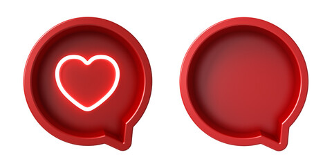 Neon love like heart and blank round speech bubble box isolated on white background 3D rendering