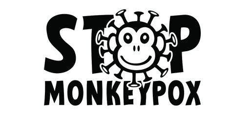 Cartoon monkey virus or monkeypox. Stop the virus belongs to the genus Orthopoxvirus in the family Poxviridae. infectious disease. Ape face with yellow banana. Vector monkey pox symbol or icon