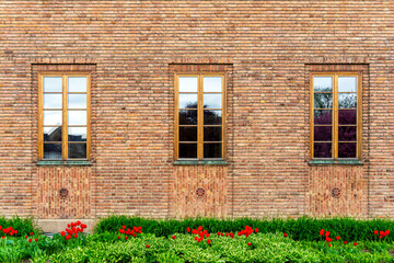Fototapeta na wymiar Vigeland Museum Building Exterior Detail. Windows in Brick Wall.