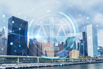 New York City skyline, United Nation headquarters over the East River, Manhattan, Midtown at day time, NYC, USA. Glowing hologram legal icons. The concept of law, order, regulations, digital justice