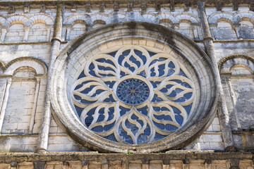 Cognac, France - April 25, 2022: Closeup of rose window form chuch St Leger in Cognac in Charente France
