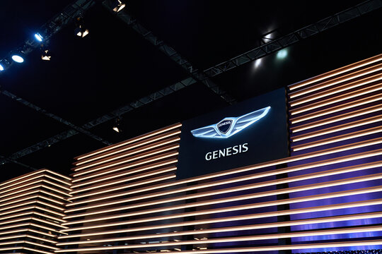 Ilsan, Gyeonggi-do, South Korea - March 31, 2019 : The Hyundai Genesis logo on display at the Hyundai Genesis booth at the 2019 Seoul Motor Show
