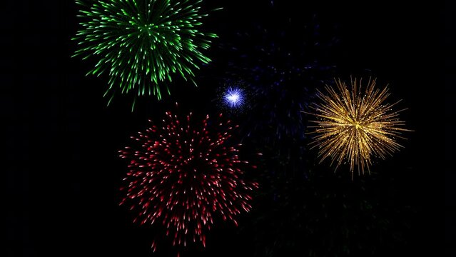 Multicolored shining fireworks with bokeh lights in the night sky animation. Glowing fireworks show. New year's eve fireworks celebration. Seamless looping animation.