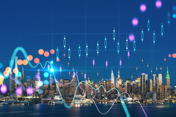 Fototapeta na wymiar New York City skyline from New Jersey over Hudson River with skyscrapers at night, Manhattan, Midtown, USA. Forex graph hologram. The concept of internet trading, brokerage and fundamental analysis
