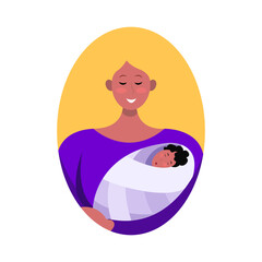 Stylized woman in an ellipse with a baby in her arms. Blonde with a baby. Happy motherhood. Mother's Day element