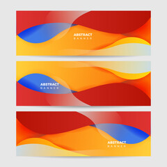 Obraz premium Colorful web banner concept with push button. Collection of horizontal promotion banners with gradient colors and abstract dynamic shapes. Header design for website. Vibrant background.