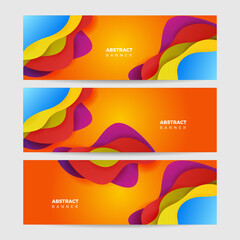 Colorful web banner concept with push button. Collection of horizontal promotion banners with gradient colors and abstract dynamic shapes. Header design for website. Vibrant background.