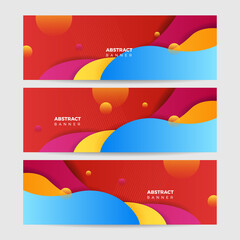 Obraz premium Colorful web banner concept with push button. Collection of horizontal promotion banners with gradient colors and abstract dynamic shapes. Header design for website. Vibrant background.