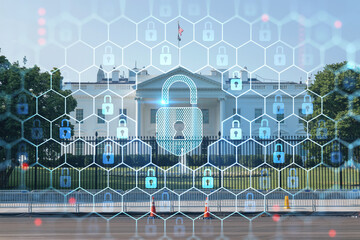 The White House on sunny day, Washington DC, USA. Executive branch. President administration. The concept of cyber security to protect confidential information, padlock hologram - obrazy, fototapety, plakaty