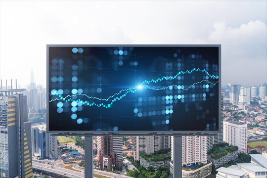 Forex and stock market chart hologram on road billboard over panorama city view of Kuala Lumpur. KL is the financial center in Malaysia, Asia. The concept of international trading.