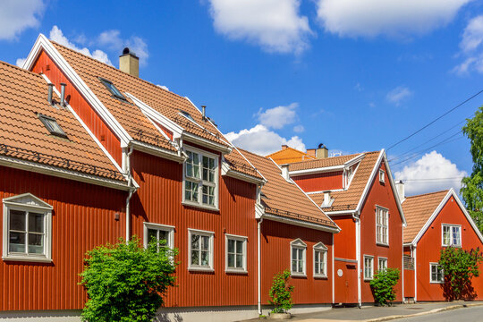 Oslo Red Wooden Houses. Springtime in Norwegian Capital.