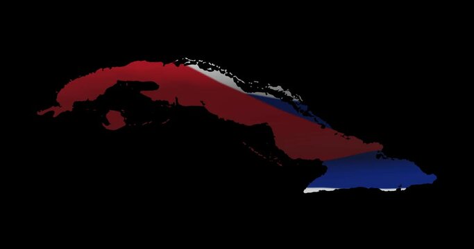 Cuba national flag on map outline, waving animation. 4K alpha channel graphic footage of country shape
