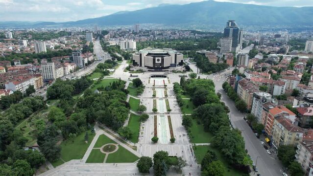 The National Palace of Culture. Congress Centre Sofia NDK. Aerial view video at 4k quality